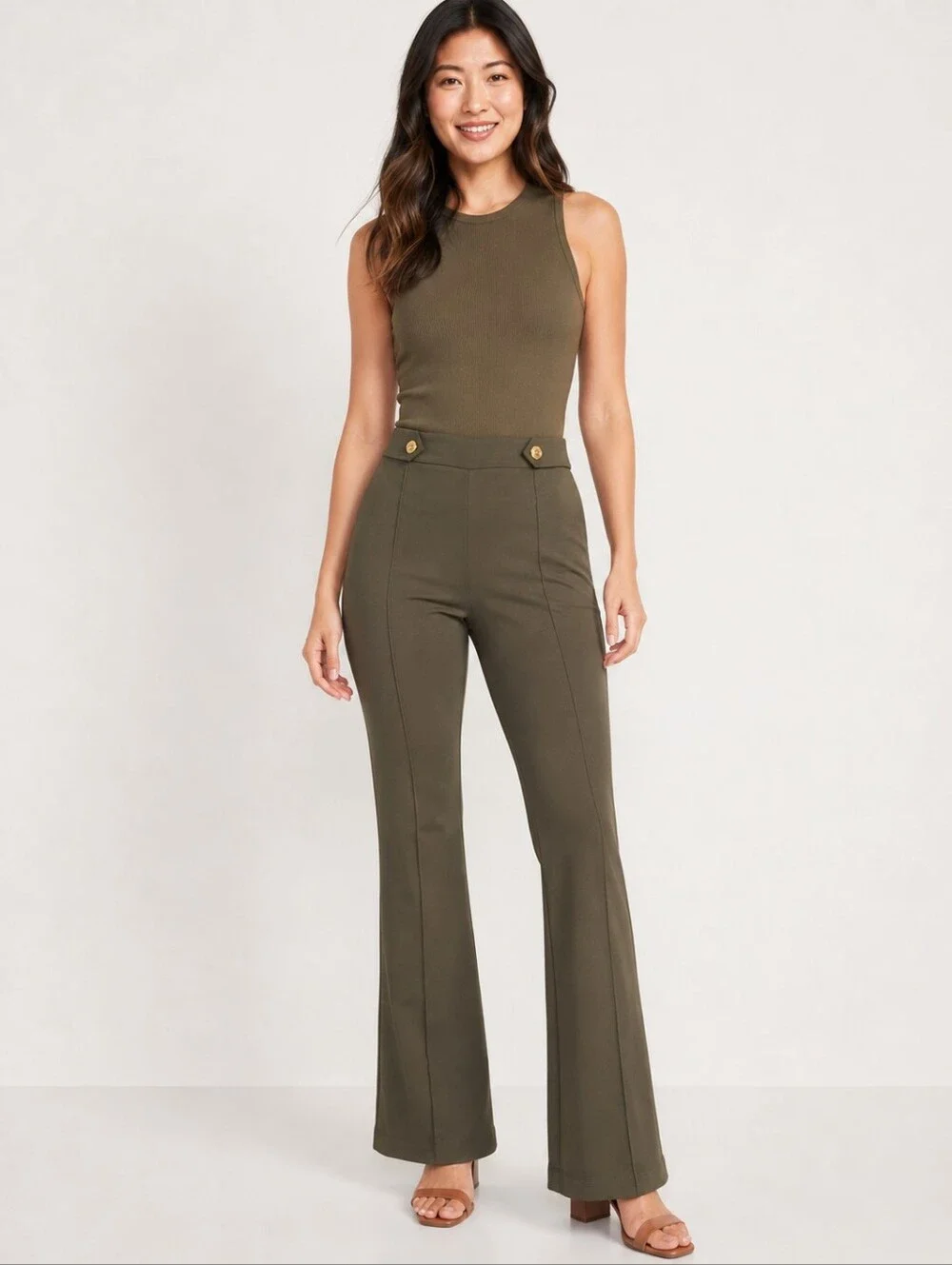 ❤️ MICHAEL MICHAEL KORS PULL ON FLARE PONTE KNIT PANTS, OLIVE GREEN, SMALL